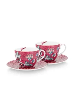 Flower Festival Set/2 Cappuccino Tasse & Undertasse Dunkelrosa